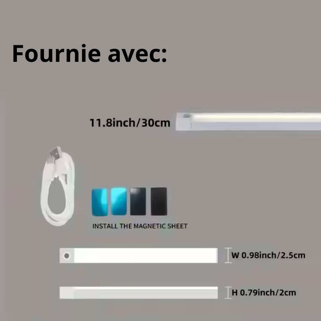 Lampe LED magnétique sans fil – 30 cm, capteur de mouvement, rechargeable USB-C